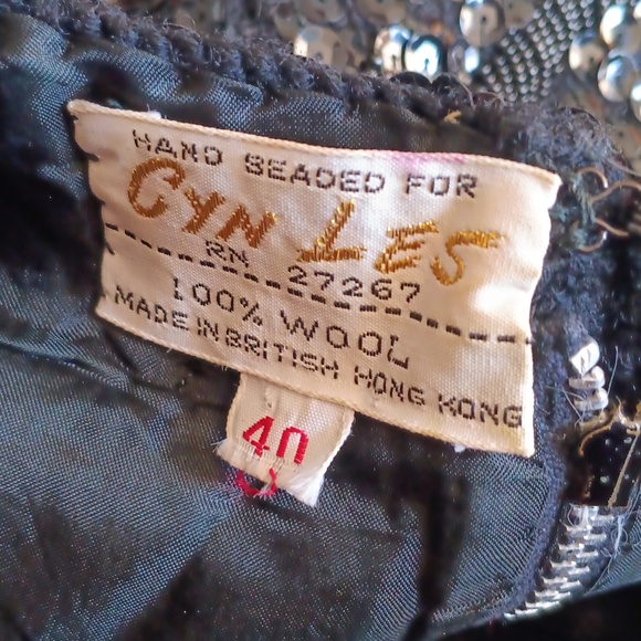 Cyn Les Vintage Black Sequin Beaded Fringe Party Evening Top Wool M - Picture 8 of 8